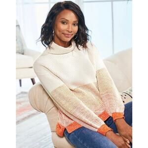 Soft Surroundings White/ Orange Porto Cowl Neck Ribbed Knit Sweater Size Small